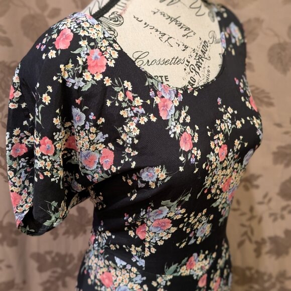Young Edwardian Vintage Black Floral Midi Dress, Size 11, EUC! - Picture 3 of 7